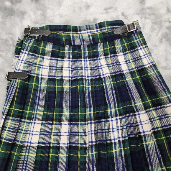 Vintage Skirt Women 14 Green Blue Tartan Plaid Wool Pleated Maxi Buckle Pin Kilt